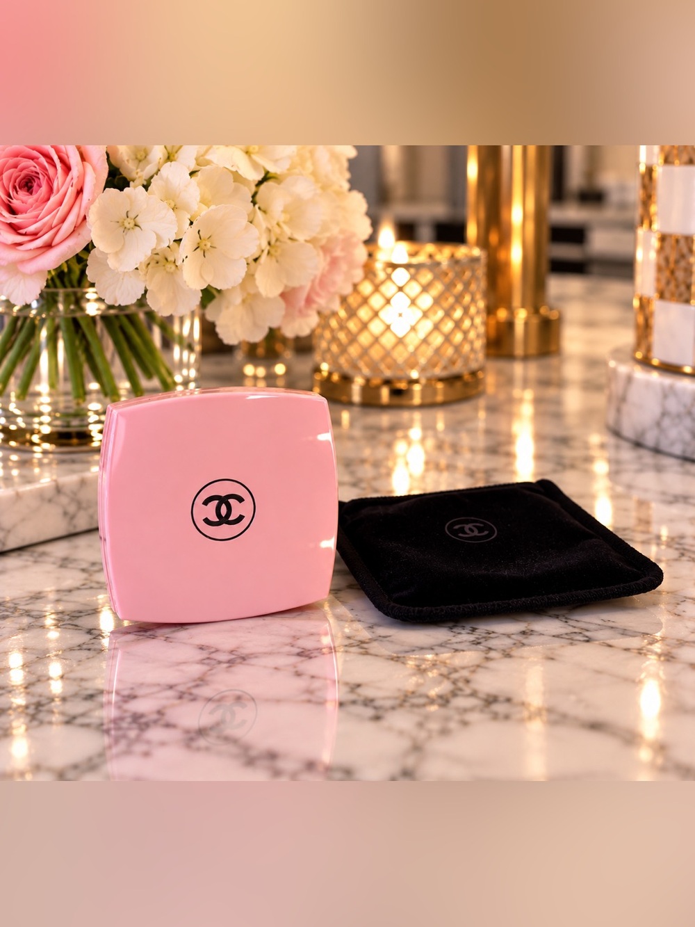 💕 CHANEL Beauté Pink Double Pocket Mirror with Velvet Pouch GWP